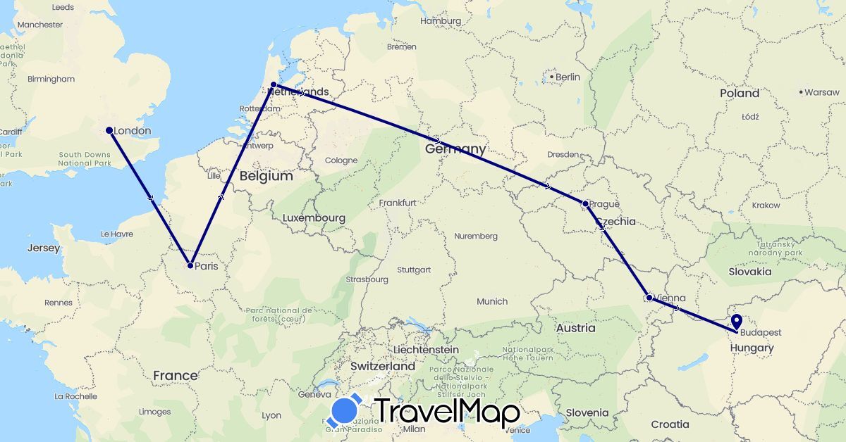 TravelMap itinerary: driving in Austria, Czech Republic, France, United Kingdom, Hungary, Netherlands (Europe)
